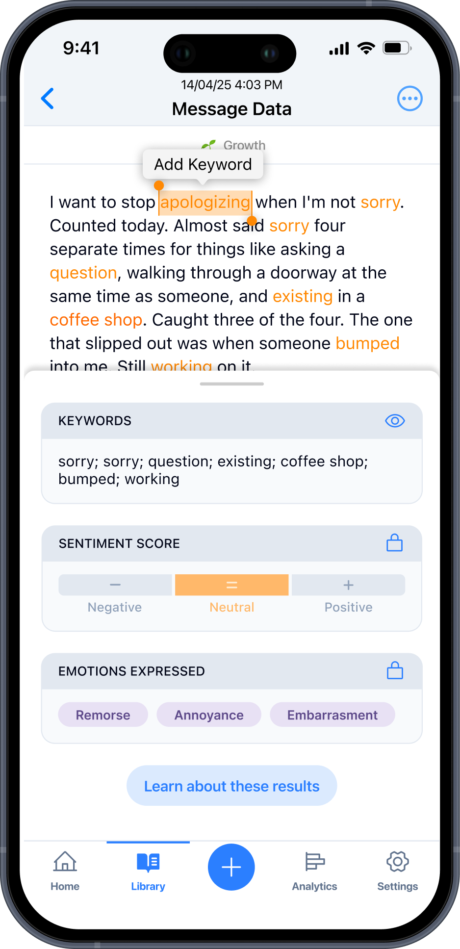 ToSelf message data screen showing AI-generated annotations