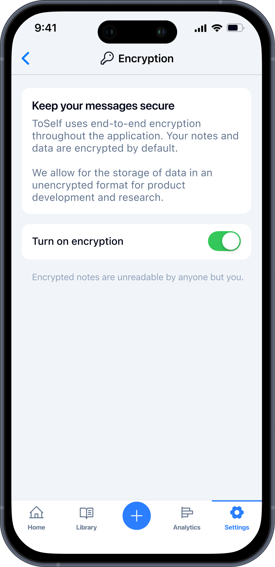 ToSelf encryption settings screen